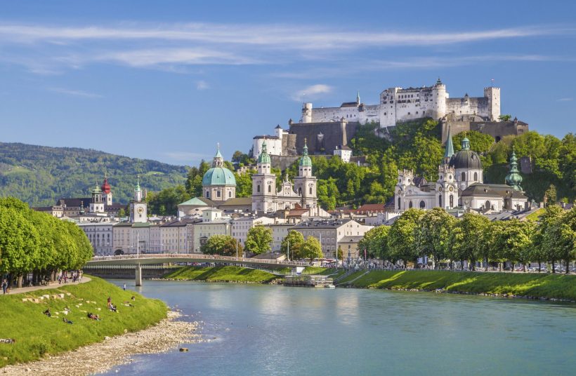 Beautiful view of Salzburg skyline with Festung Hohensalzburg and Salzach river in summer, Salzburg, Salzburger Land, Austria