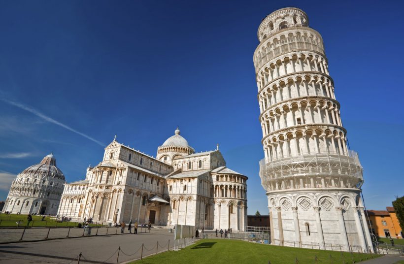 Pisa, Piazza dei miracoli, with the Basilica and the leaning tower. Shot with polarizer filter.