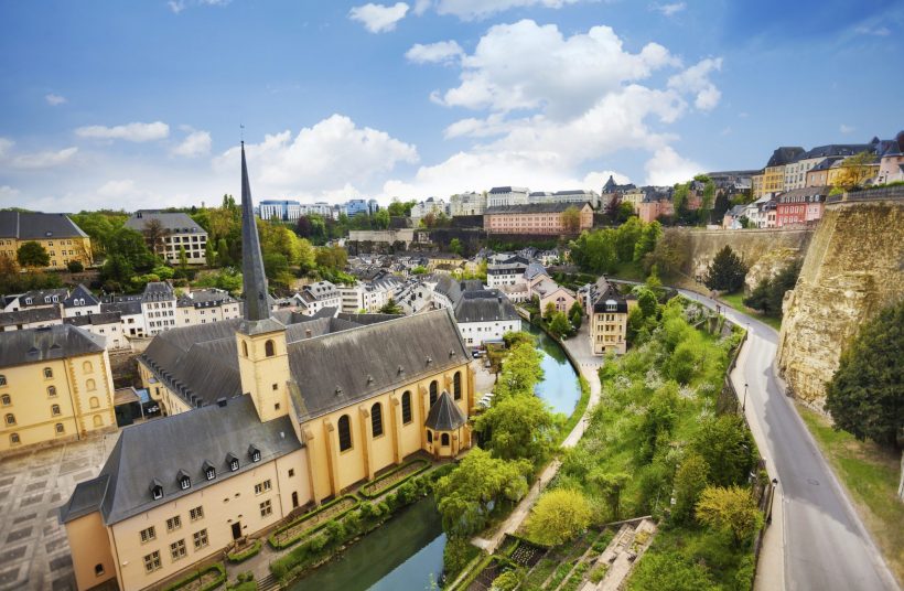 Top view of Abbey de Neumunster in Luxembourg City on Alzette river