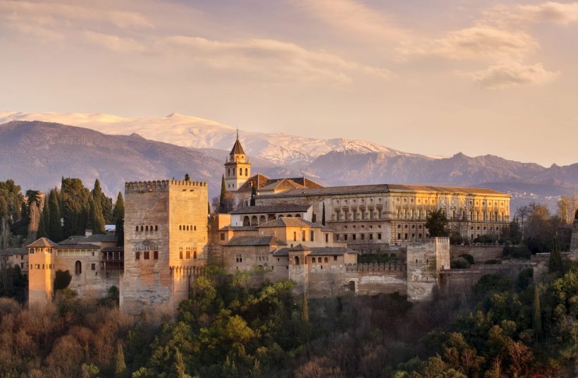 View of the Alhambra in Granada at twilight